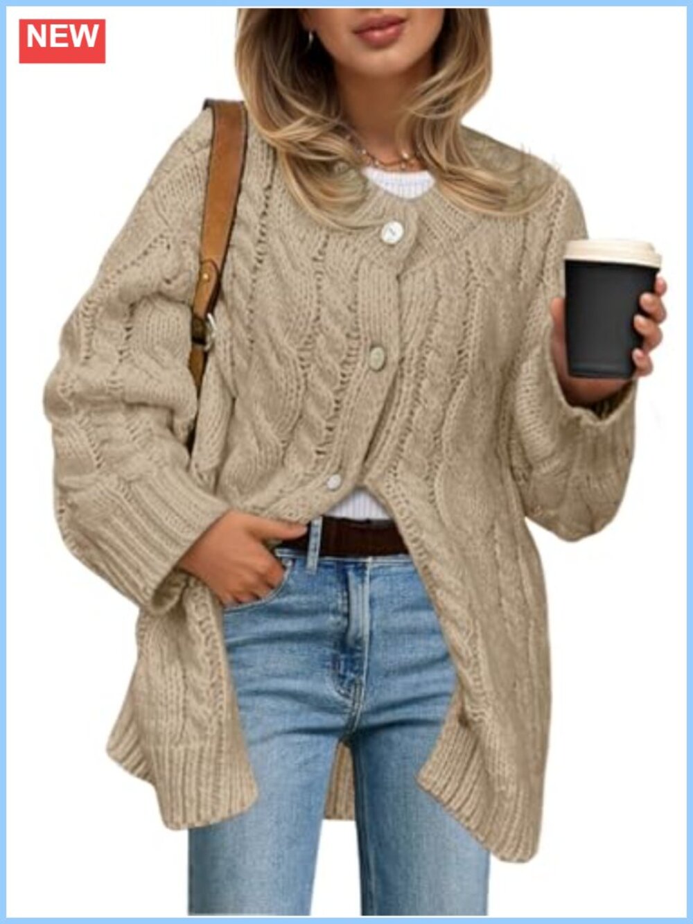 Cable Knit Cardigan Sweater Chunky Button Up Long Sleeve Crew Neck Oversized